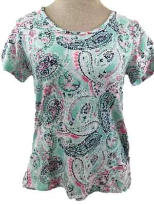 Caribbean Joe knit top size S short sleeve cold shoulder blue green paisley - Image 1 of 4