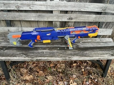 NERF LONGSHOT CS-6 DART GUN N-STRIKE BLUE YELLOW WORKING W/MAG &FRONT BLASTER - Image 1 of 2