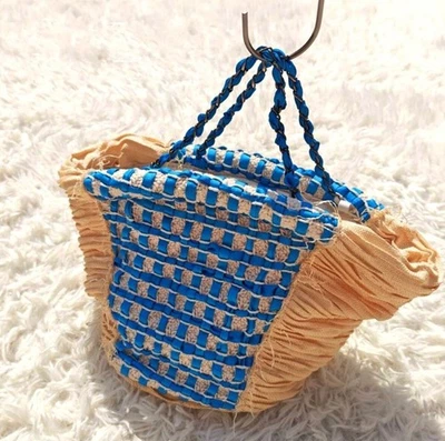 Maria La Rosa Blue Beige Crochet Straw Basket Bag - Image 1 of 4