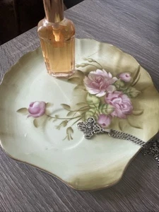 Lefton China Platter Gold Rimmed Sea Shell Shaped Floral Green Pink Tray - Picture 1 of 14