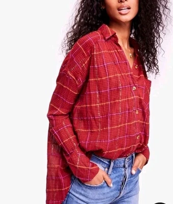Camisa manga longa xadrez vermelha Free People tamanho P Break My Stride túnica metálica - Imagem 1 de 4
