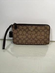 Coach Signature Double Zip Wristlet in brown coated canvas and leather trim - Picture 1 of 11