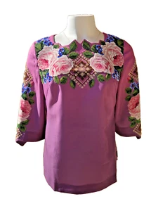 Gorgeous bohemian blouse, purple ombre 3/4 sleeves HANDMADE beads work NEW - Picture 1 of 11