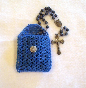 Hand Crochet Blue Cotton Rosary Jewelry Pouch - Picture 1 of 5