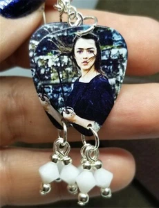 Game of Thrones Arya Stark Orecchini Plettro Chitarra con Cristalli Swarovski Bianchi - Foto 1 di 5