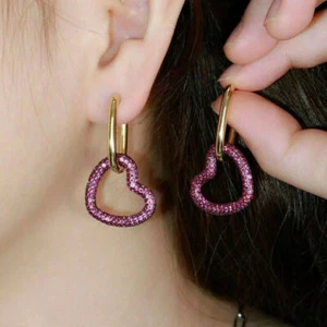 2Ct Dangle Drop Heart Ruby Earrings Created Red Diamonds 14K Yellow Gold Finish - Picture 1 of 3