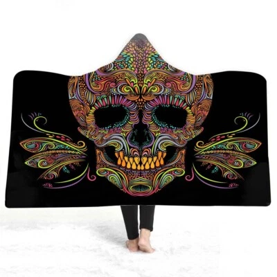 Cool Sugar Skull Fleece Hooded Blanket Sofa Throw Holiday Xmas Birthday Gift - Image 1 of 4