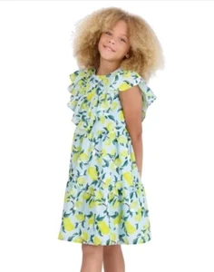 French Connection Youth Girl's Dress Blue Lemon Floral Ruffle Size M (10/12) NWT - Picture 1 of 8