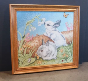 BEAUTIFUL COMPLETED FRAMED CROSS STITCH DESIGN RABBITS BUTTERFLY - Picture 1 of 6