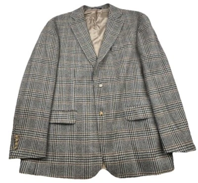 Lands End Brown 100% Lambswool Tweed Glen Plaid Check Blazer Size 46R Tan Beige - Image 1 of 4