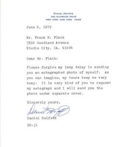 Daniel Heifetz Violinist Signed Typed Letter