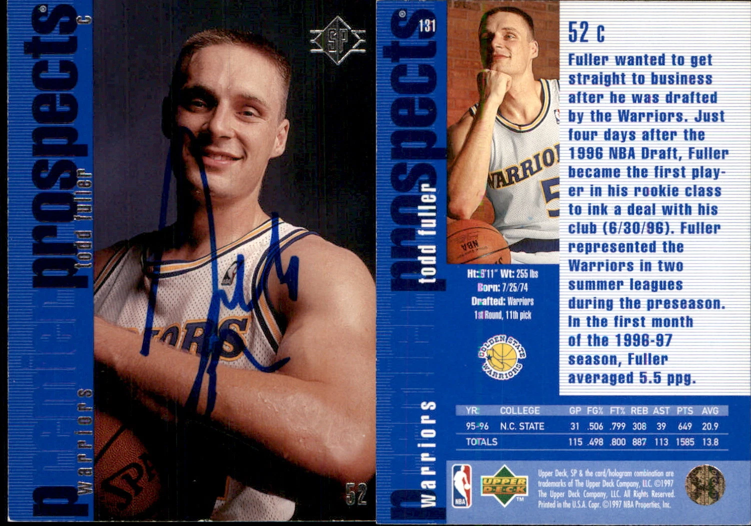 Todd Fuller Signed 1996-97 SP #131 Card Golden State Warriors Auto AU