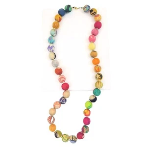 Fair Trade Long Garland Necklace Upcycled Kantha Fabric Beads Repurpose Recycled - Picture 1 of 20