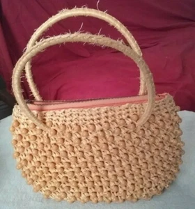 Vintage 60s MOD Handbag Straw Beaded Summer Purse Top Handle - Picture 1 of 12