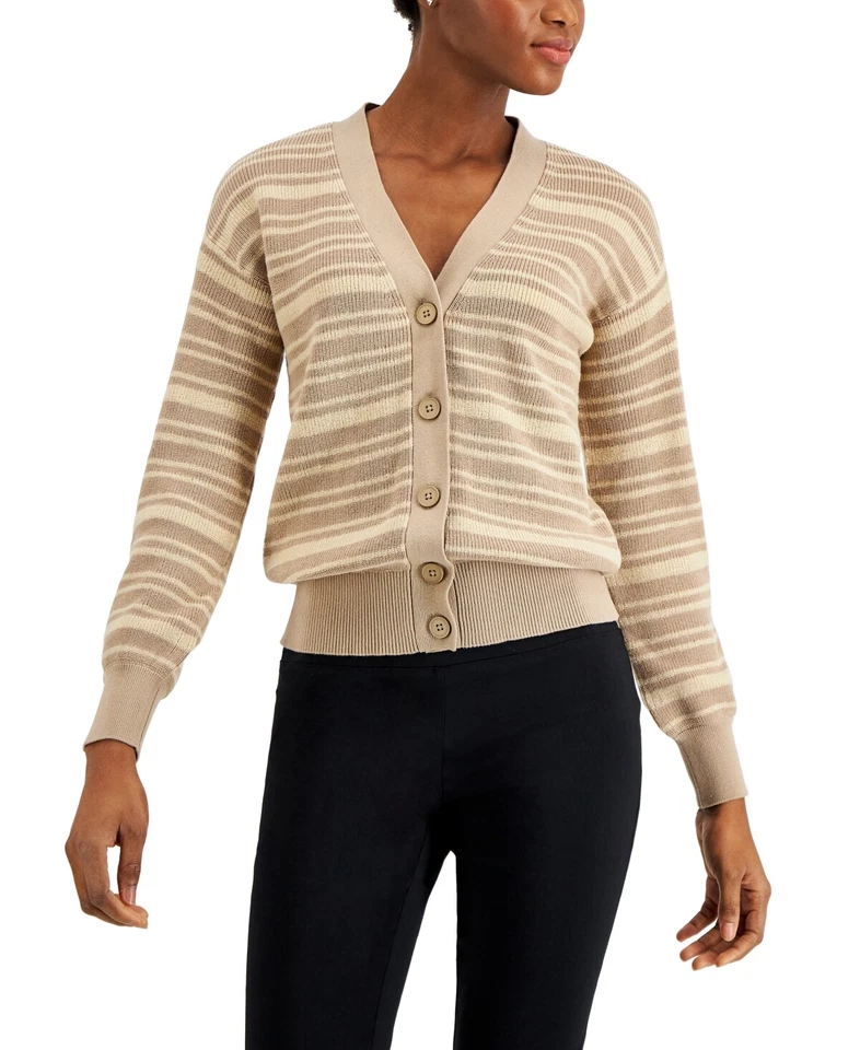 Рекомендуемая розничная цена производителя $80 Alfani женщин в полоску кнопка спереди кардиган бежевый размер большой - Изображение 1 из 1