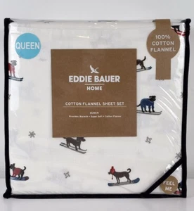 Eddie Bauer Snow Skiing Dogs Queen Cotton Flannel Sheet Set - Picture 1 of 5