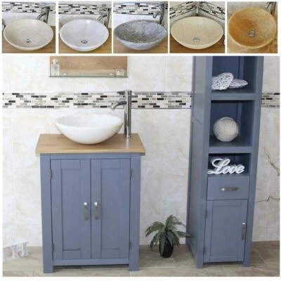 BATHROOMS & MORE STORE Grey Small Bathroom Vanity | Solid Oak Furniture | Stone Basin Choice