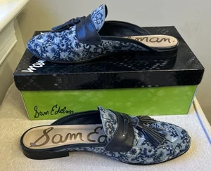 Sam Edelman Leather Paris Jacquard Blue Floral Mules Size 8.5 - Picture 1 of 8