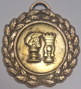 Vintage Medal Brass Chess Knight Rook Pawn Oak Wreath Award Gold Tone Rare - Picture 1 of 6