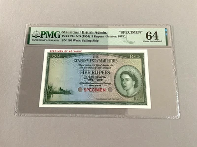 Mauritius 5 Rupees P-27s 'Specimen' ND (1954)  PMG  64 - Image 1 of 4