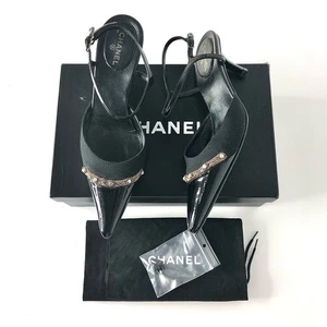 Vintage Chanel CC Logo Lack Cap Toe spitz zulaufend schwarz Pumps 37 - Bild 1 von 9