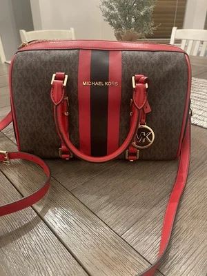 Michael Kors Bedford Travel Leather Duffle Brown/Red/Black Satchel. Hard to find - Image 1 of 4