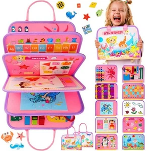 Toddler Busy Board, Montessori Toys for 1 2 3 Year Old Girl Mermaid - Pink - Picture 1 of 7