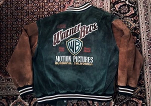 Warner Brothers Vintage Varsity Jacke aus Wildleder grün/braun Gr. L - Bild 1 von 3