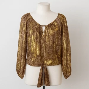 BCBGMAXAZRIA Womens Silk Blouse Size M Brown Metallic Tie Back Glam Luxe Fall - Picture 1 of 7