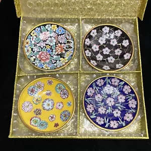 Vint NOS Set 4 Flowers Floral Small Plates Bowls Cloisonné Soy Bowl K6 - Picture 1 of 20