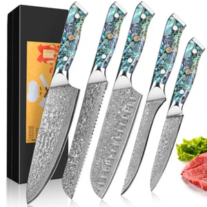 5 Stück Damast Küchenmesser Set aus 67 Lagen Damaststahl Abalone Muschel Griff - Bild 1 von 20