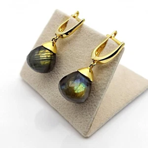 Labradorite Earrings Faceted Teardrop Blue 1.5" Drops Solid 925 Sterling Silver - Picture 1 of 6