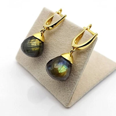 Labradorite Earring Faceted Teardrop Blue 1.5" Drops Solid 925 Sterling Silver - Image 1 of 4