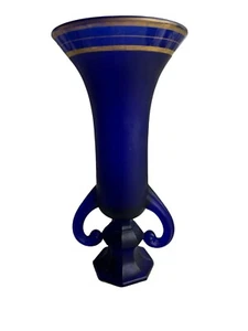 Vintage Cobalt Blue Frosted Glass Vase 10’ Tall Gold Trim - Picture 1 of 13