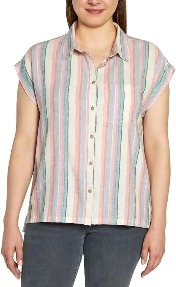 Orvis Women's Plus Size 3X Striped Linen Blend Button Short Sleeve Top