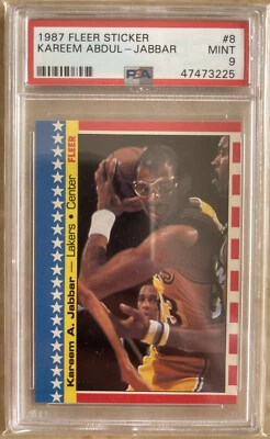 1987 KAREEM ABDUL-JABBAR PSA 9 MINT 'FLEER STICKER' HOF LA LAKERS (#8) LOW POP - Image 1 of 4