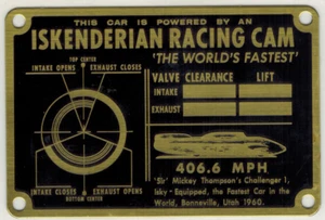 ISKENDERIAN RACE CAMS BRASS DASH PLAQUE 3" X 2" RARE MICKEY THOMPSON 406.6 MPH - Bild 1 von 4