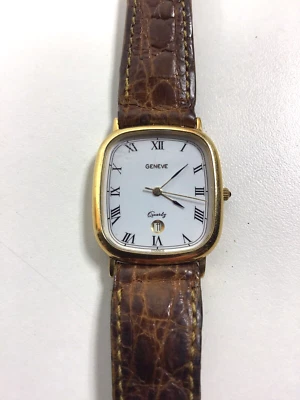 Мужские золотистые кварцевые часы Geneve дата римские цифры 553413 новый аккумулятор Франция - Изображение 1 из 4