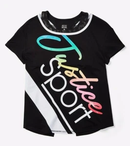 NWT Justice Girls Mesh 2fer Tee Shirt Sports Bra Black 12 Dance Gymnastics Cheer - Picture 1 of 4
