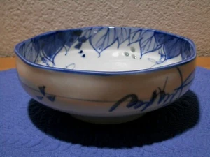 Asian Style Footed Bowl Blue Leaves Green Dots  - Picture 1 of 12