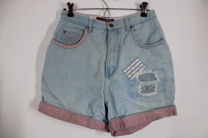 Vtg 90s LA Blues 12 28" Waist Lightwash Denim High Rise Cuffed Patchwork Shorts - Picture 1 of 10
