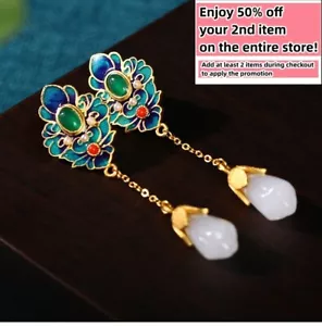 Jade Drop Dangle Earrings Bohemian Cloisonne Gemstone 18K White Gold Plated - Picture 1 of 8