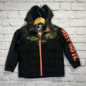 Nike Boy's Hooded Puffer Jacket Vest Fleece Lined Camo Black Size Small S 4-5y - Picture 1 of 5