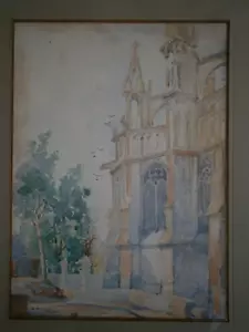 Peinture Aquarelle Paysage décor Eglise Gothique 1919 Cadre Ancien - Imagen 1 de 10