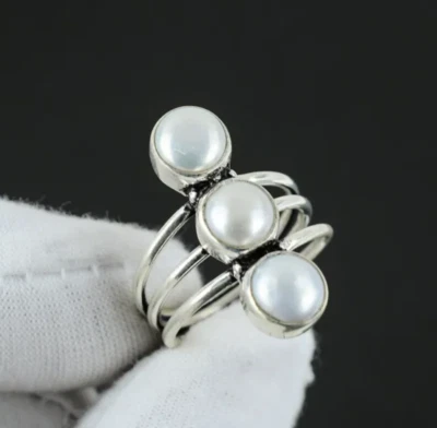 Pearl Stone Ring Handmade Solid 925 Sterling Silver Ring Gift For Women All Size - Image 1 of 4