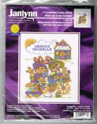 Biking Bunnies Birth Announcement Cross Stitch Kit Unopened Jaylynn 1999 Vintage - Image 1 of 2