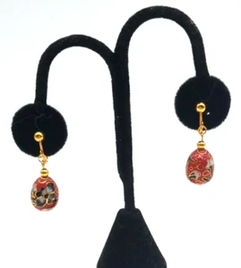 Vintage Red And Black Cloisonne Egg Shaped Floral Clip On Earrings - Picture 1 of 7