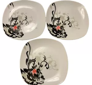 3 eckige Salat Dessertteller, HomeDinning Porzellan, schwarz weiß rot grau Blumen - Bild 1 von 3