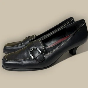 Vtg Chunky Heels Black Leather Y2K Square Toe Loafers Academia Preppy Retro Sz 7 - Picture 1 of 4