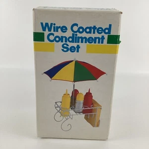 Wire Coated Condiment Set Salt Pepper Shakers Ketchup Mustard Umbrella Vintage - Picture 1 of 6